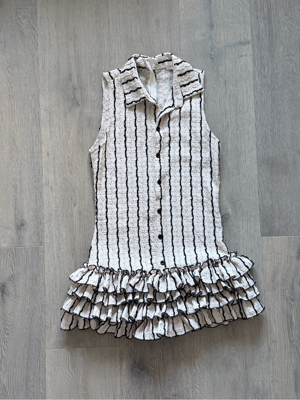 Sleeveless White and Black Striped Ruffle-Hem Dress